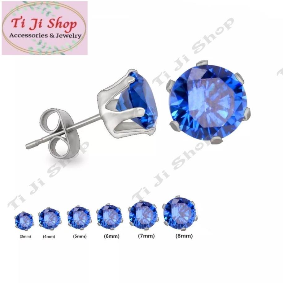 Bông tai inox đá tròn màu xanh coban  cao cấp không đen, không gỉ sét,  không dị ứng