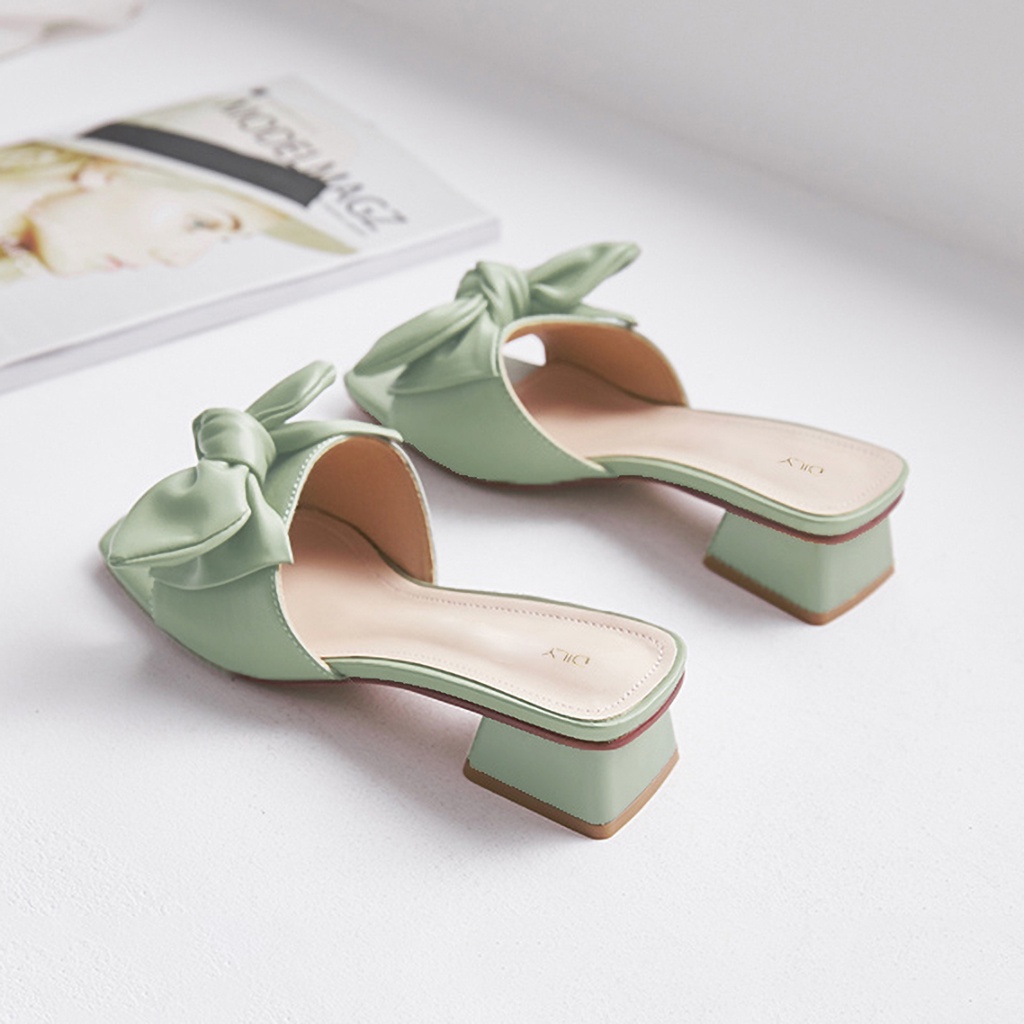 Dép guốc nữ cao gót phối nơ DILY êm chân mũi vuông gót vuông cao 3.5cm_ AA0339