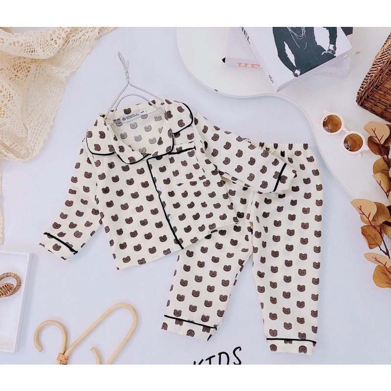 Đồ ngủ dài tay thu đông cho bé chất đũi xốp_Bộ pijama dài tay thu đông cho bé trai bé gái hoạ tiết kẻ