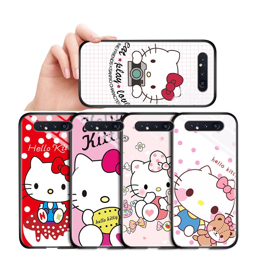 Samsung Galaxy A8 A9 A7 A6 A6+ A8+ 2018 Plus Pro 2019 A9S Star A8S A730 A750 A530 Phone Case Cartoon Hello Kitty Cute Kitty Cat Casing for Glossy Tempered Glass Back Hard Cover Shockproof Cases Ốp điện thoại kính cường lực In Hình cứng Ốp lưng cho