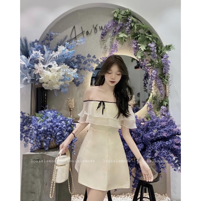 Váy Trễ Vai Bèo Ngực Viền Nơ Xinh Xắn