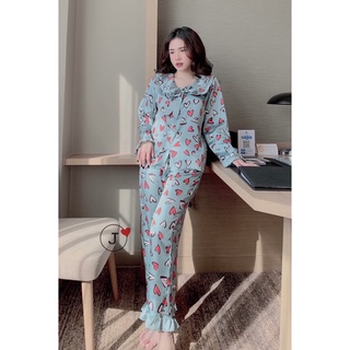 Bộ lụa Pijama - Bộ Lụa Tay Dài Tiểu Thư Cổ Phối Bèo Nơ ,