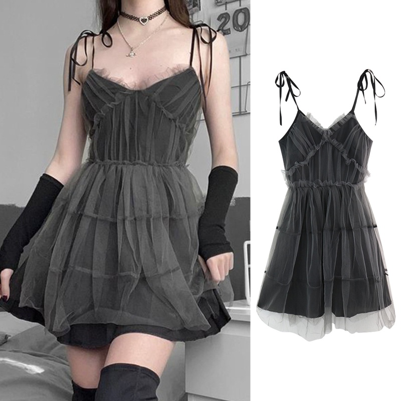 Đầm Lưới Xếp Ly Mini Cổ Chữ V Buộc Dây Eo Cao Phong Cách Gothic Cho Nữ