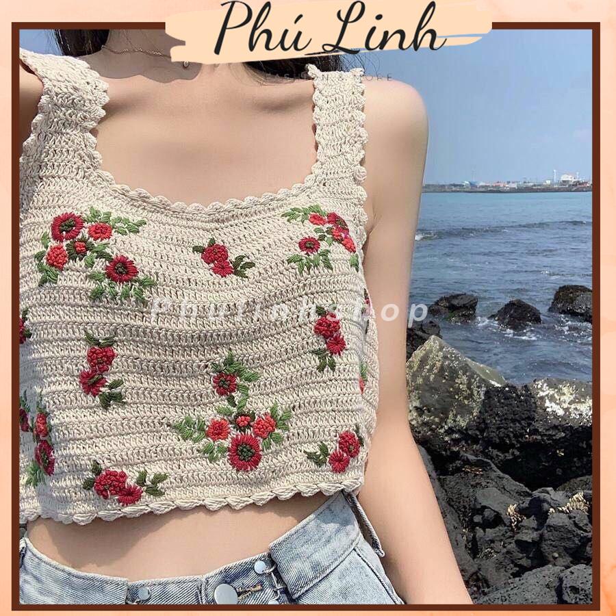 MS588 Áo ba lỗ viền sóng đan móc hoa đỏ đi biển, mix váy áo vintage