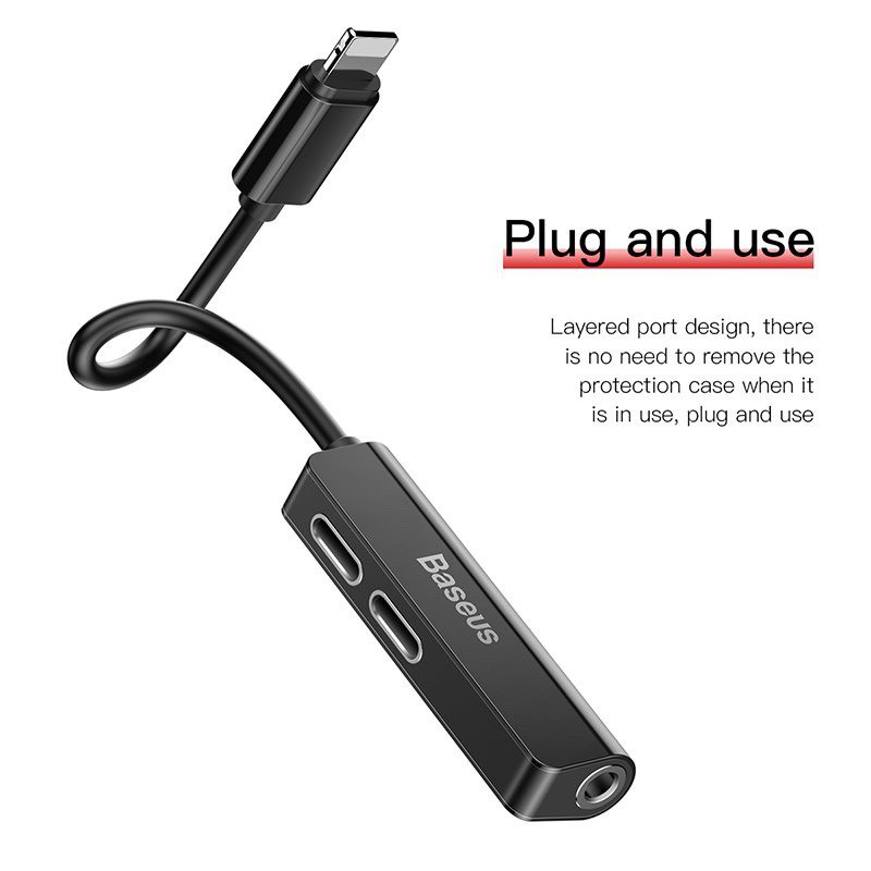 Bộ chia chuyển đổi âm thanh Baseus L52 3in1  2 cổng Lightning ra cổng tai nghe 3.5 mm và cổng sạc cho iphone 7,8, iphone