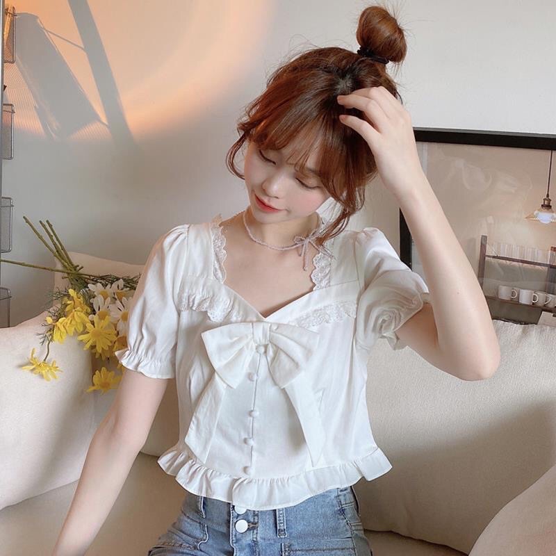 Áo Croptop tay ngắn cổ vuông có nơ phối bèo nhún dễ thương mã QD110