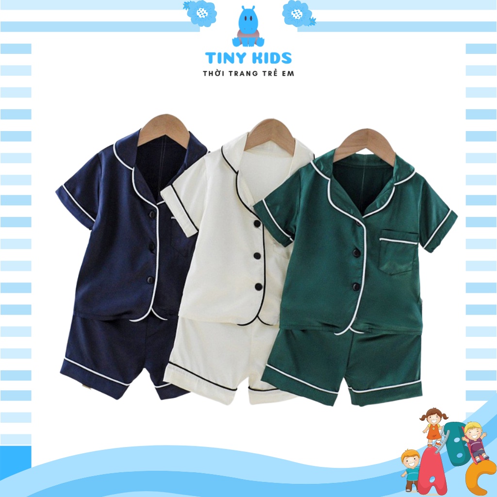 Bộ Ngủ Pijama Cho Bé Trai Bé Gái Tiny Kids, Bộ Ngủ Mặc Nhà Chất Lụa trơn Cho Bé Từ 6-27kg