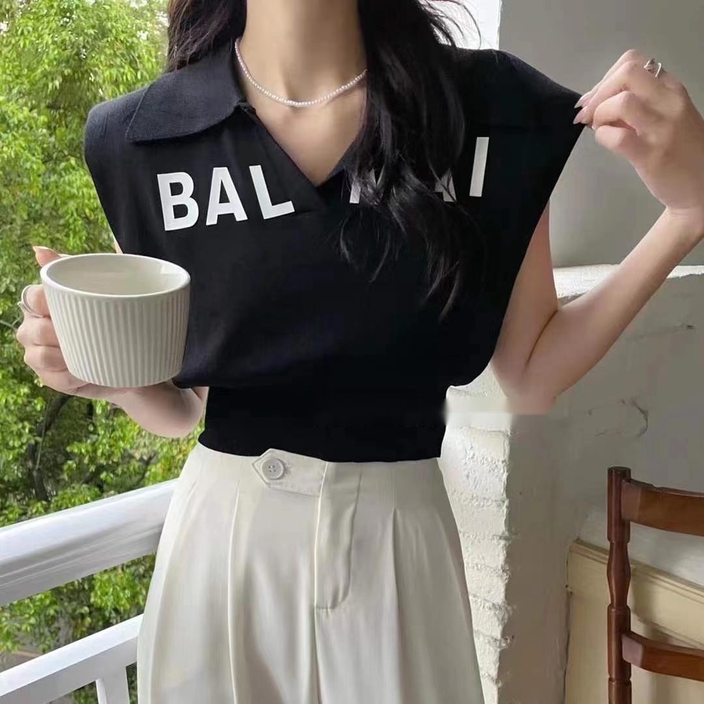 Áo Thun polo Kẻ Sọc In Chữ Phong Cách retro Hàn Quốc Trẻ Trung