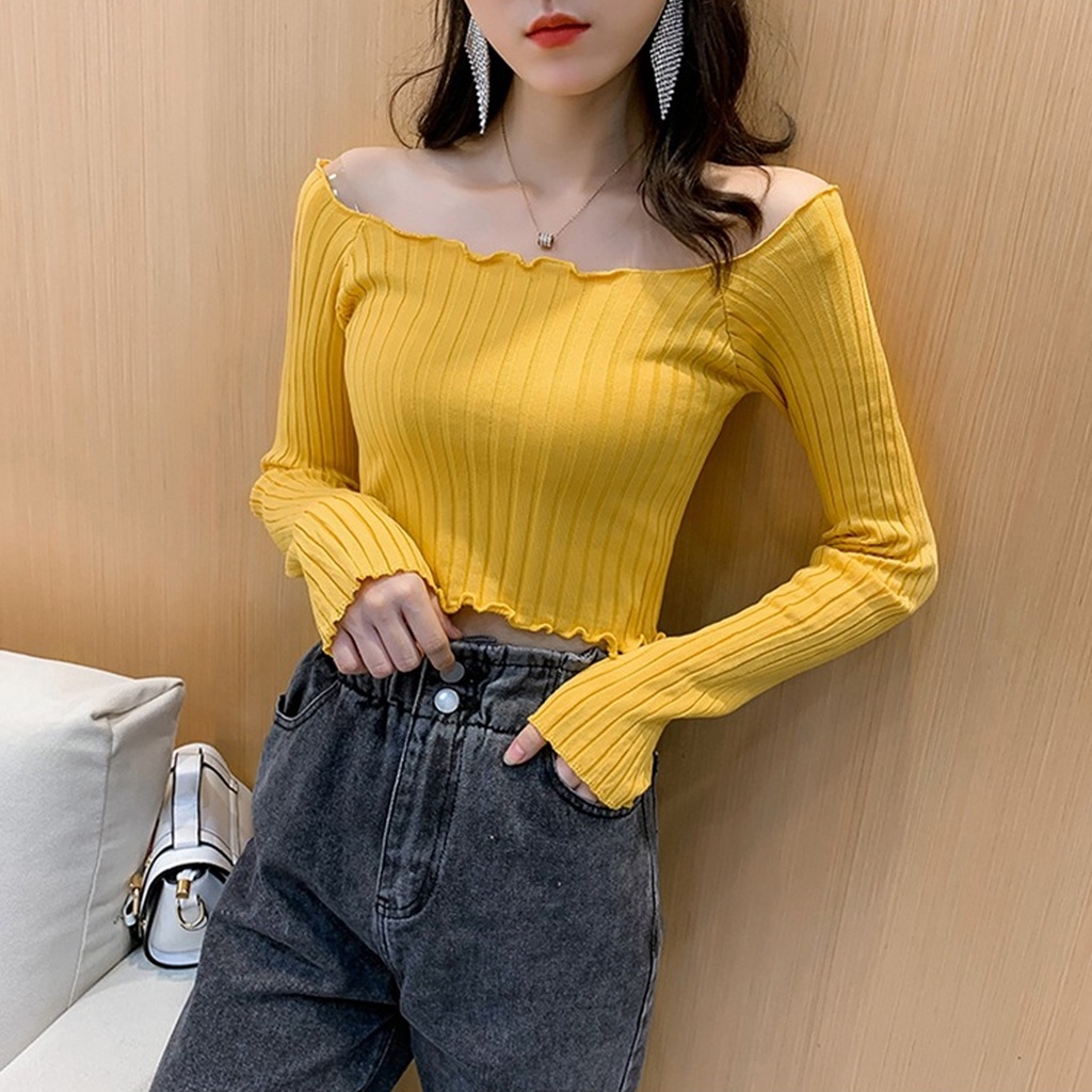 Áo len trễ vai 23Closet áo len croptop hở vai nữ tay dài pha nhún cao cấp kiểu Hàn Quốc nhiều màu sắc - ALTT14