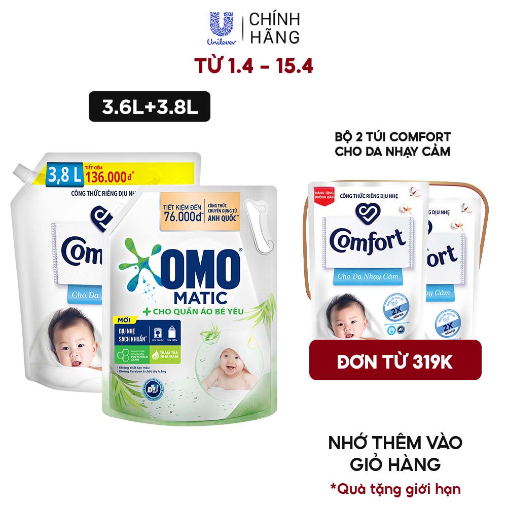 [FMCGMALL -8% ĐH 250K] Combo Túi Nước Giặt Omo Matic Baby 3.6kg + Nước xả vải Comfort Cho Da Nhạy Cảm Túi 3.8L