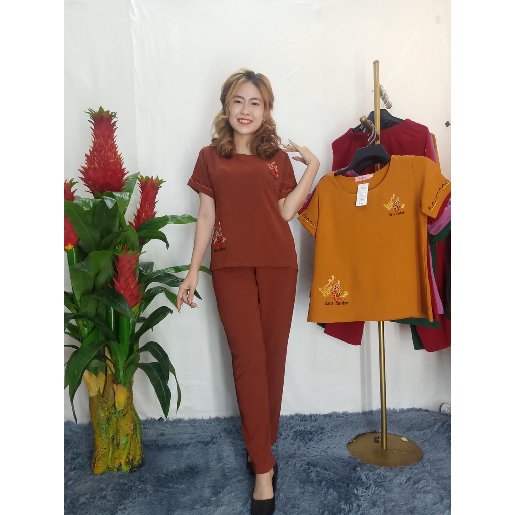 Đồ Bộ Mặc Nhà Cho Mẹ Đồ bộ trung niên ống nhỏ Vải Đũi thêu Hoa CB02