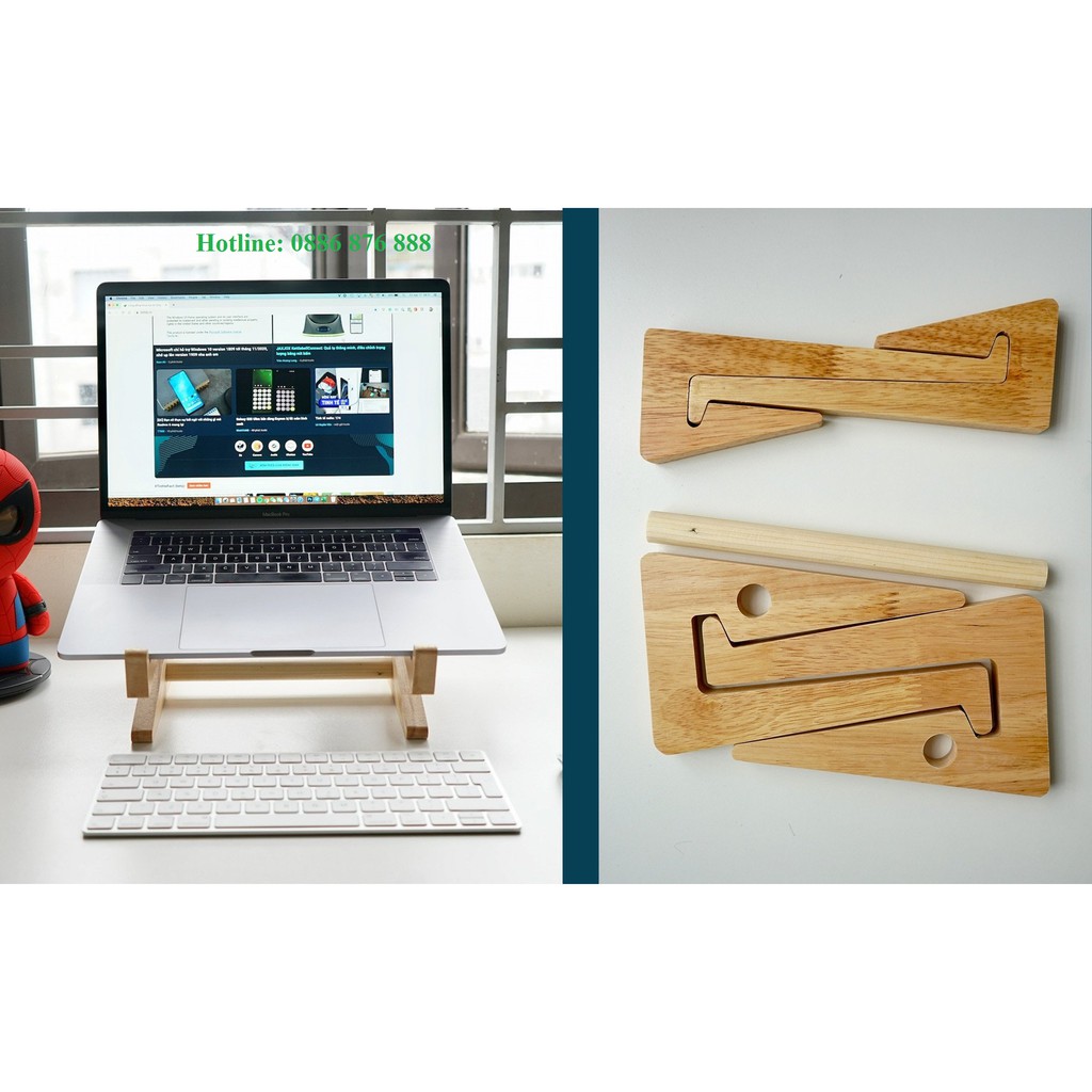 Giá đỡ laptop gỗ kiêm Đế tản nhiệt cho laptop, macbook bằng gỗ loại 1 tầng