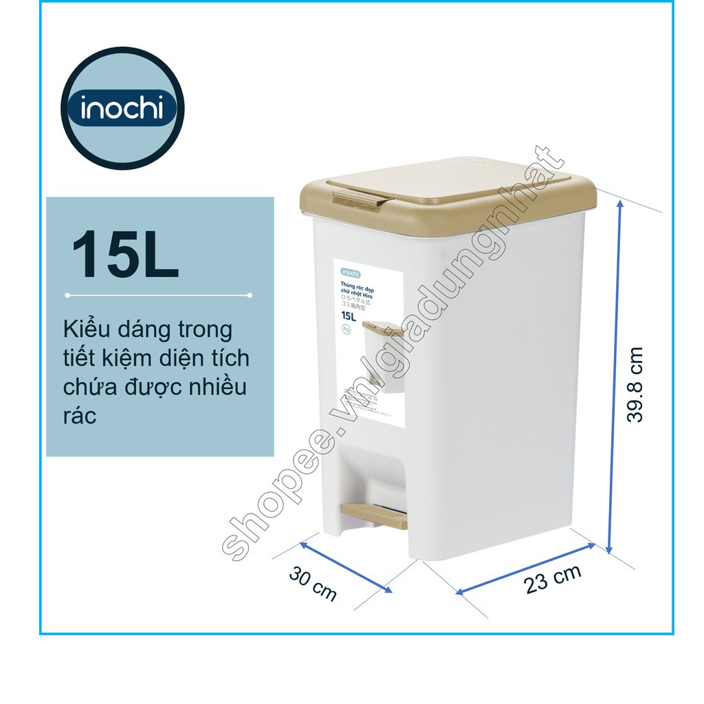 Thùng rác đạp chữ nhật có lõi Hiro Nhật Bản 15 Lít (hàng xuất Nhật) công nghệ Ag+ (ion bạc) kháng khuẩn khử mùi