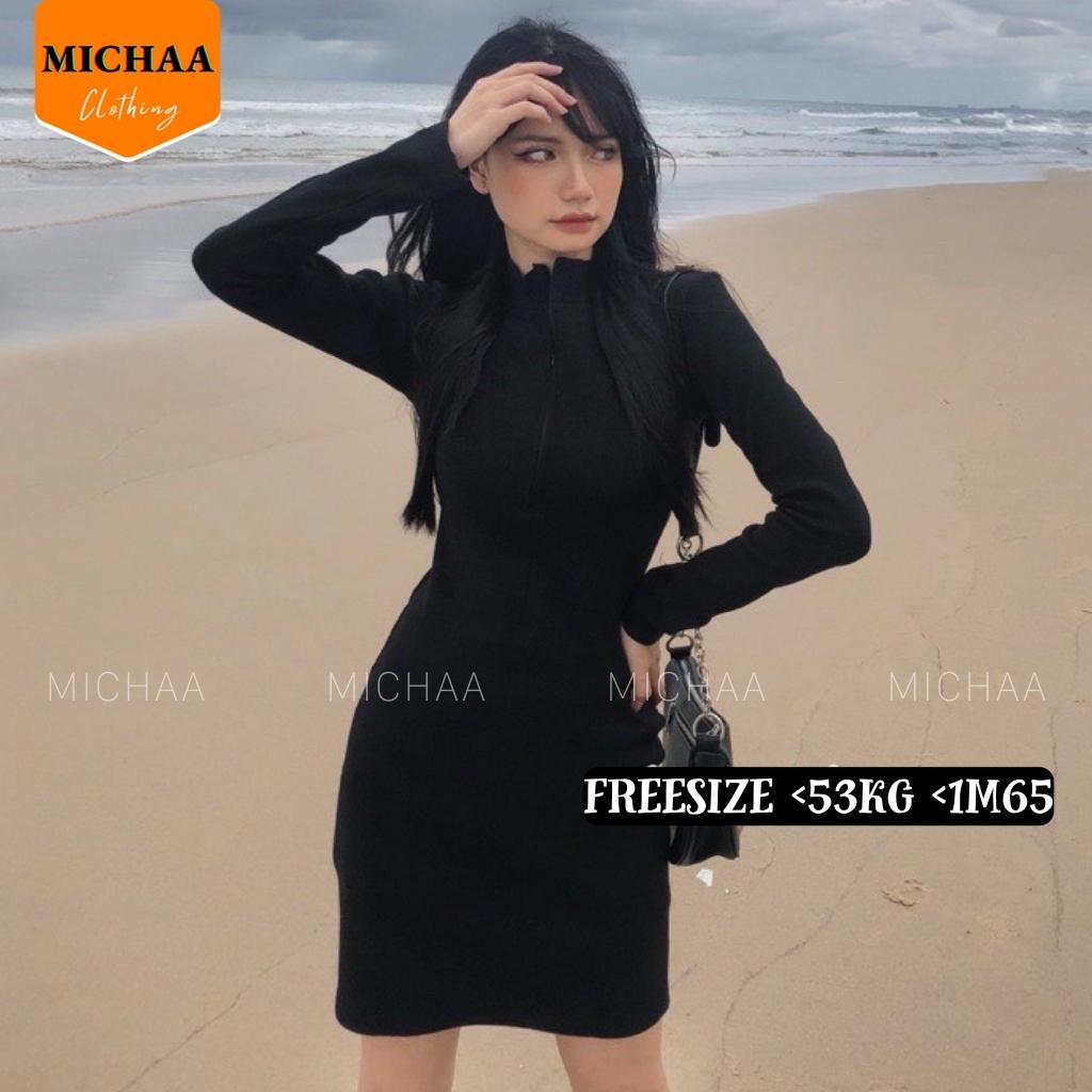 Váy Body PHỐI KHÓA KÉO Trước Cổ Chữ V, Đầm Ôm Thun Gân Kiểu Dài Tay - MICHAA