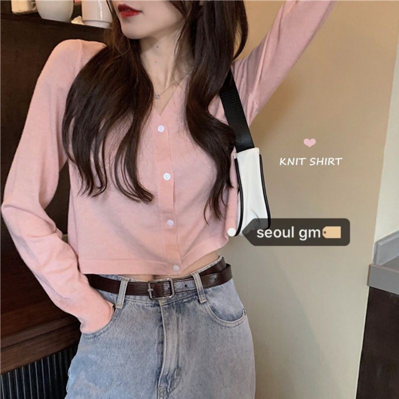 Áo thun nữ tay dài áo khoác len cardigan nữ cổ chữ V dễ thương xinh xắn