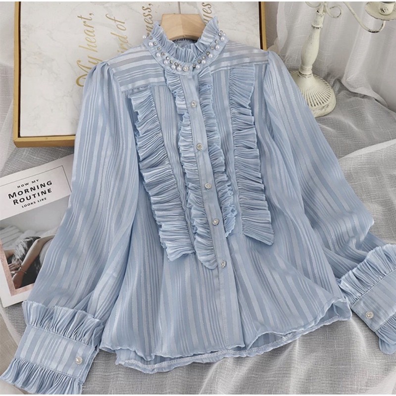 [HÀNG ORDER] Áo sơ mi voan organza cổ tròn bèo đính ngọc tiểu thư Quảng Châu