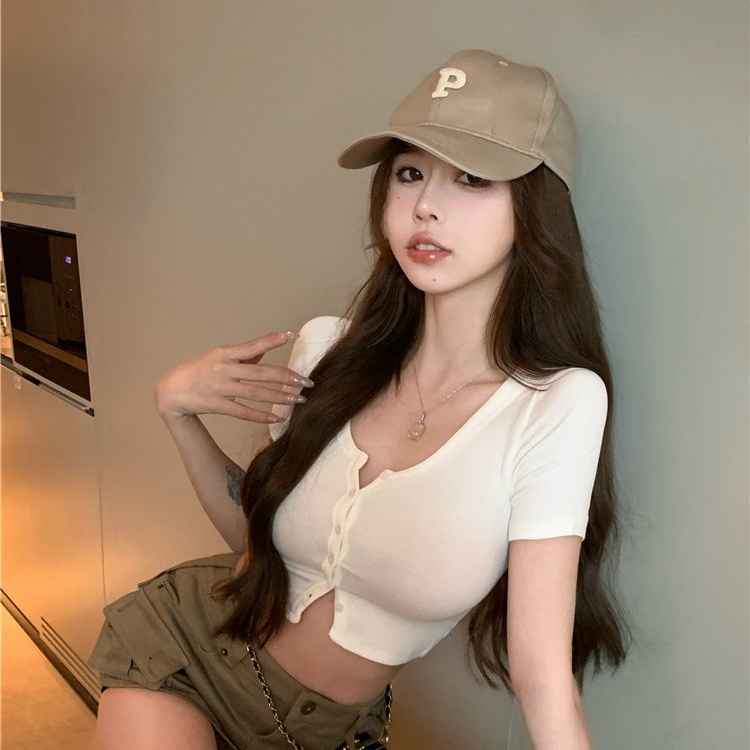 Áo Croptop Dệt Kim Tay Ngắn Cổ Chữ V Màu Trơn Phong Cách Hàn Quốc