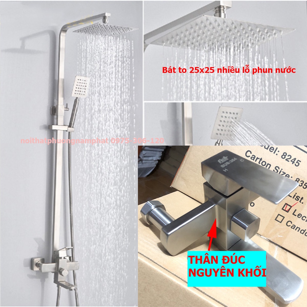 {100% INOX 304} Bộ Sen Cây Tắm Đứng Nóng Lạnh INOX 304 N1005 Fotar và tay sen và dây inox 304 không han gỉ SEN CÂY VUÔNG