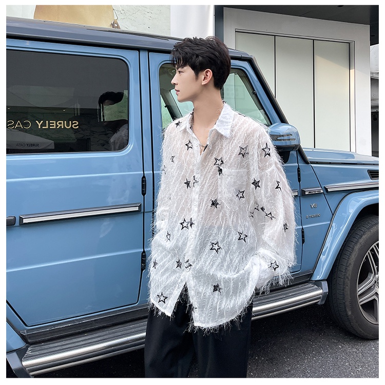 Áo Sơ Mi Xuyên Thấu Phối Tua Rua Lông Vũ Cổ Tích ins Cá Tính Cho Nam