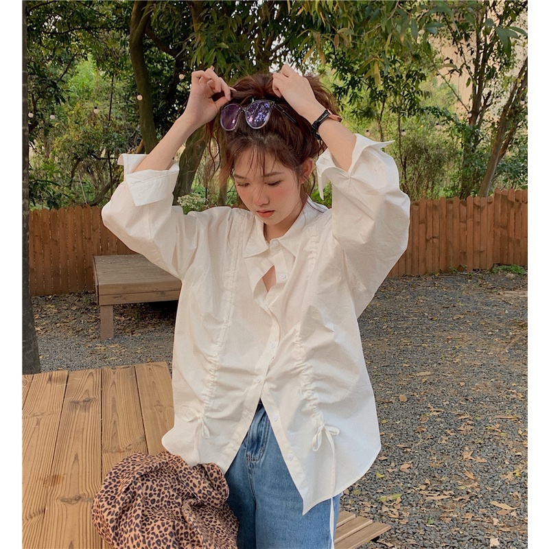 Áo Kiểu Tay Dài Dáng Rộng Phối Dây Rút Phong Cách Thời Trang Hàn Quốc Cho Nữ