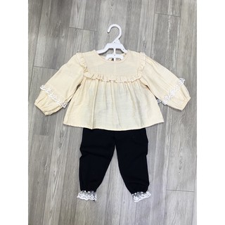 Set áo sơ mi viền ren + quần legging cotton