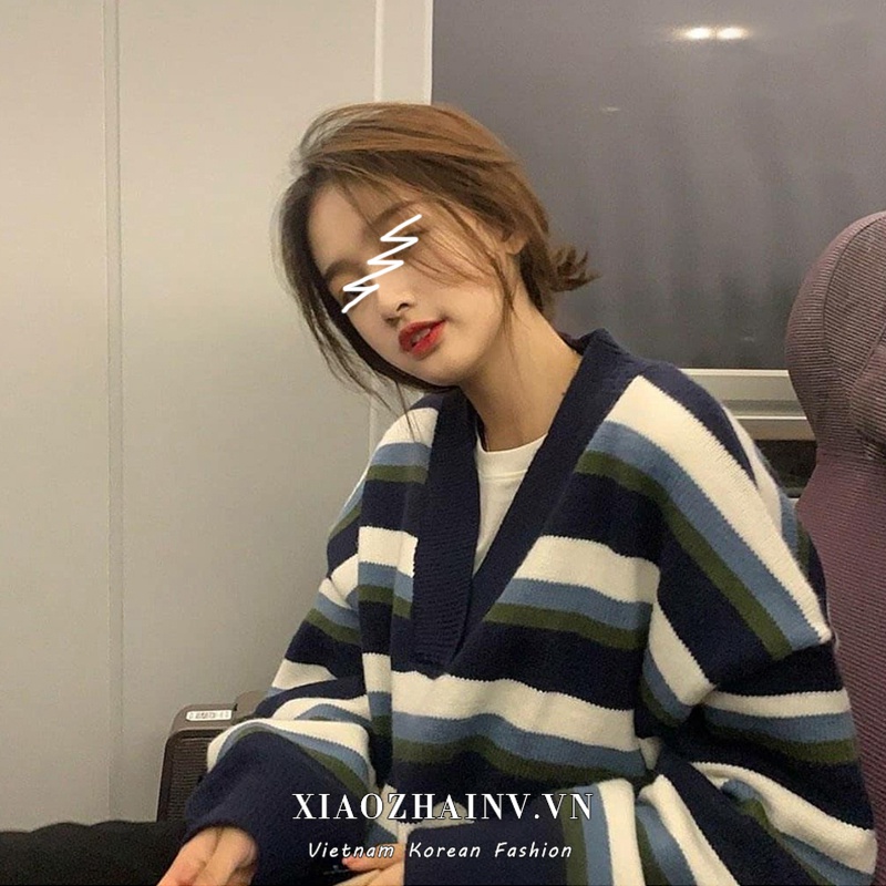 Áo khoác cardigan dệt kim cổ chữ v dáng rộng họa tiết kẻ sọc ngang phong cách sành trẻ trung cho nữ Xiaozhainv | BigBuy360 - bigbuy360.vn