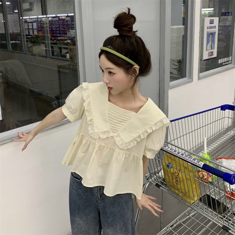 Áo Sơ Mi Tay Ngắn Dáng Rộng Cổ Búp Bê Phong Cách Hàn Quốc Thời Trang Mùa Hè Xinh Xắn Cho Nữ