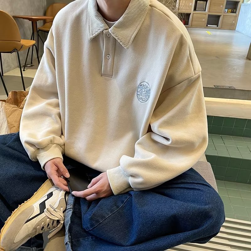 Áo sweater Cổ Bẻ Dáng Rộng Phong Cách retro Mỹ Cá Tính Cho Nam