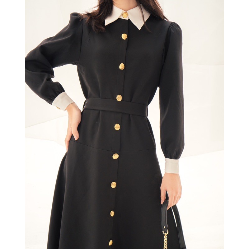 THE19CLUB - Váy sơ mi cotton đen cổ trắng - MARIA DRESS