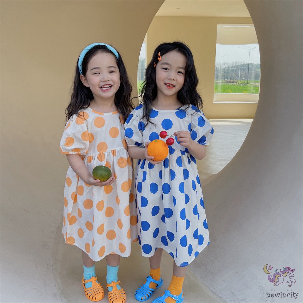 Đầm Tay Phồng Ngắn Họa Tiết Chấm Bi Thời Trang Mùa Hè Hàn Quốc Cho Bé Gái