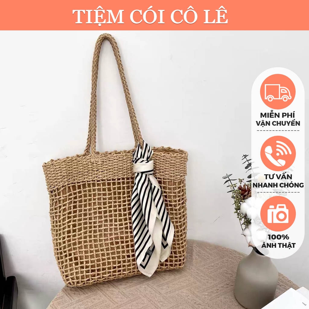 Túi cói đi biển kiểu đan lưới thưa có lót vải trong phong cách Hàn Quốc - Tiệm Cói Cô Lê