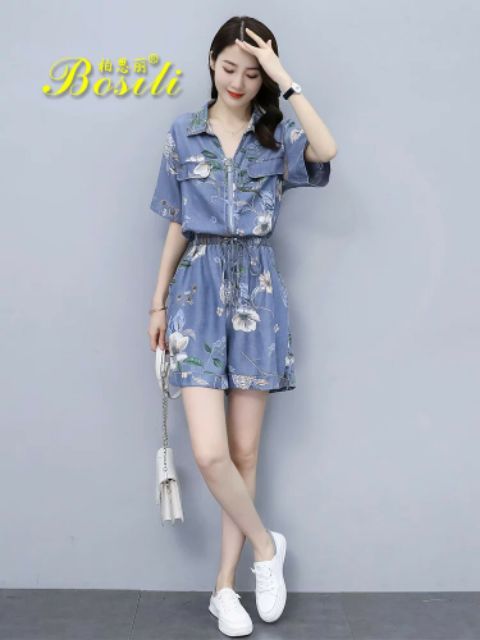 Hàng nhập - Jumpsuit ngắn jean hoa