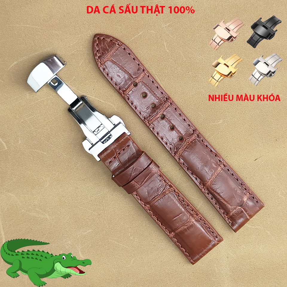 (Nâu Đỏ) Dây da đồng hồ DA CÁ SẤU THẬT KHÓA BƯỚM nam nữ cực bền đủ size 12 14 15 16 17 18 19 20 21 22 24 mm