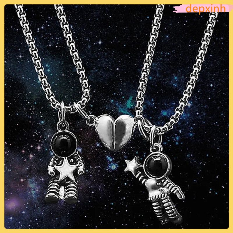 Vòng cổ mặt hình phi hành gia trái tim từ tính phong cách cổ điển thời trang cho cặp đôi