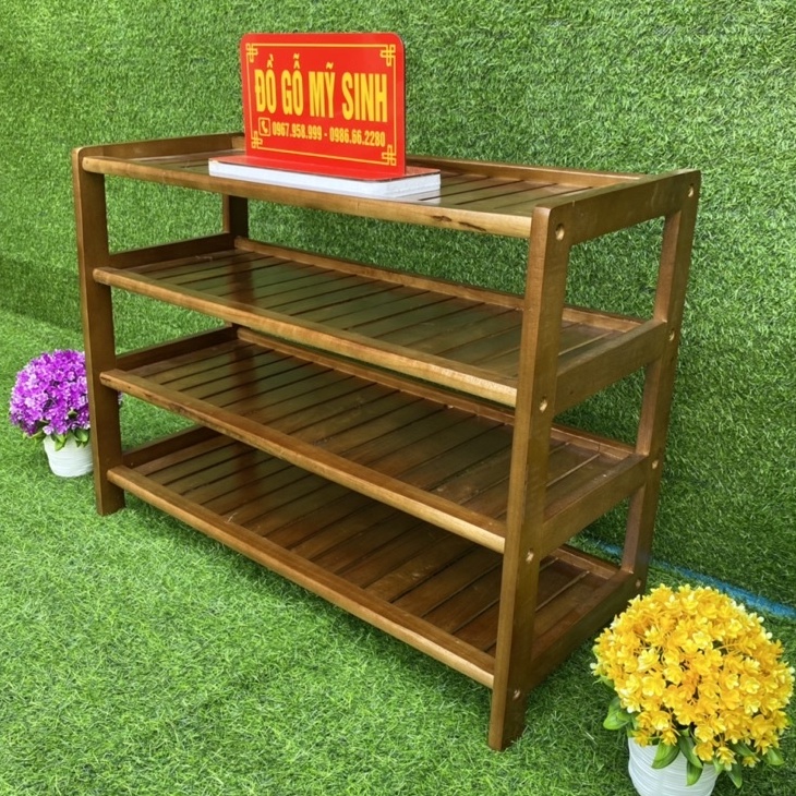 Kệ giá giầy sách gỗ cao su tự nhiên 4 tầng để giày dép túi sách kệ đa năng, Đồ gỗ nội thất mỹ sinh cao cấp