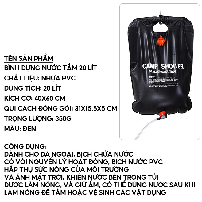 Túi Đựng Nước Tắm Dã Ngoại Có Vòi Xả Dung Tích 20 Lít Có Chức Năng Làm Nóng Nước Bằng Nắng Mặt Trời LY-054