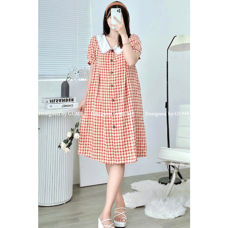 Đầm Bầu Công Sở - Váy Bầu GUME KẺ XUÔNG CỔ REN 2 MÀU ĐỎ , ĐEN GM027