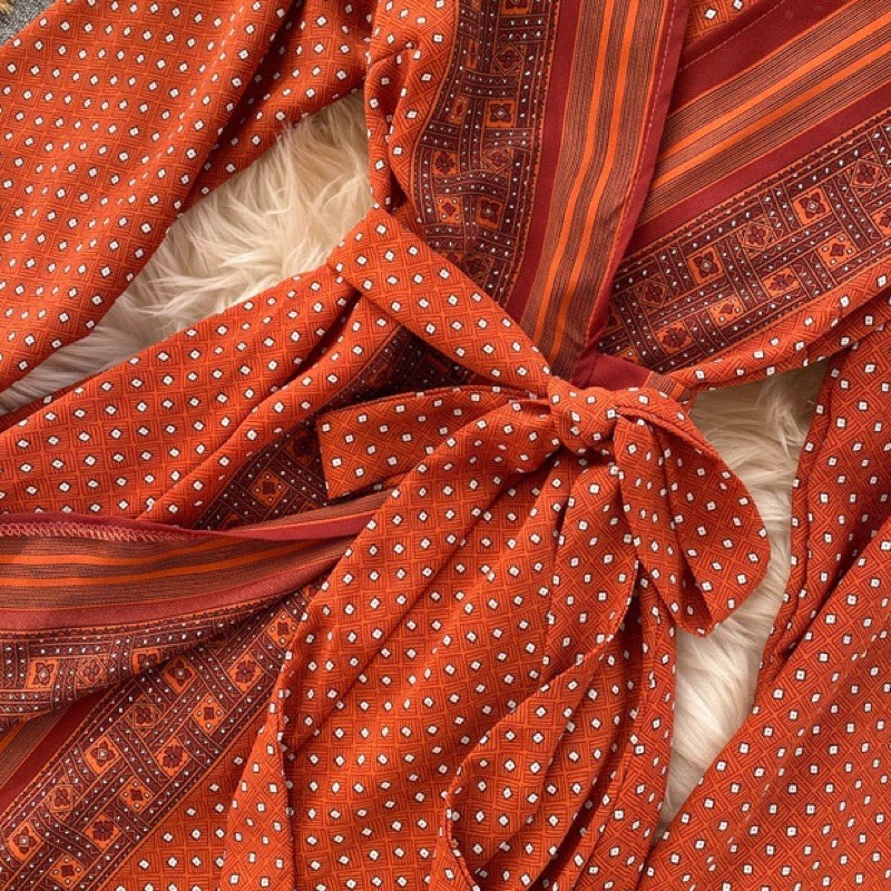 [HÀNG ORDER] Đầm maxi chấm bi viền thổ cẩm vạt chéo cổ v style boho