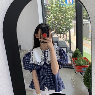 Áo peplum chấm bi xanh