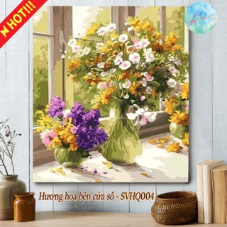 Tranh sơn dầu số hóa có khung DIY tự tô màu theo số HƯƠNG HOA BÊN CỬA SỔ SVHQ004 ( Tranh phong cảnh hoa cửa sổ tphcm )