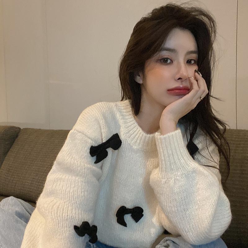 Áo Sweater Dệt Kim Tay Dài Dáng Rộng Đính Nơ Thời Trang Thu Đông Mới Cho Nữ