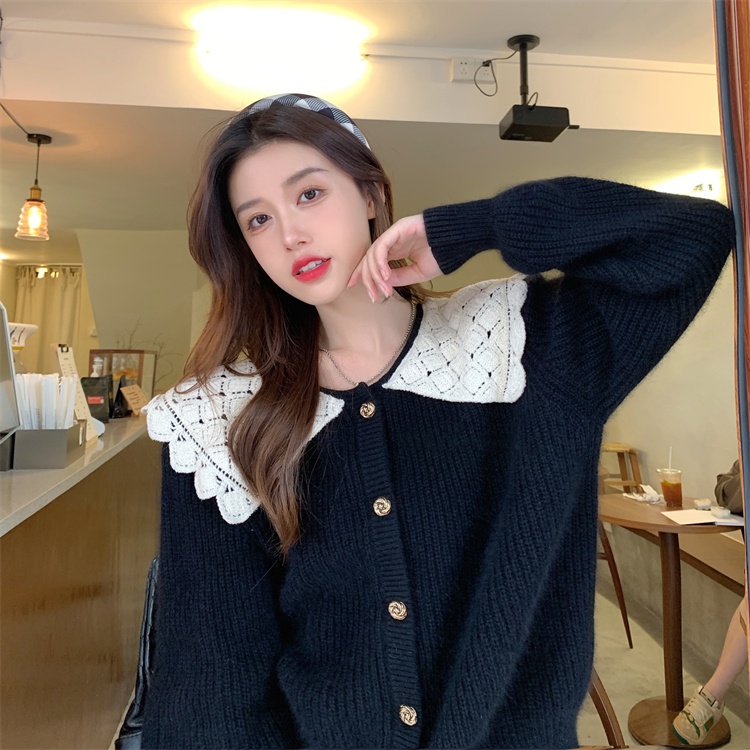 ORDER 7-10 NGÀY  Áo len cổ áo búp bê dài tay cardigan của phụ nữ đơn giản