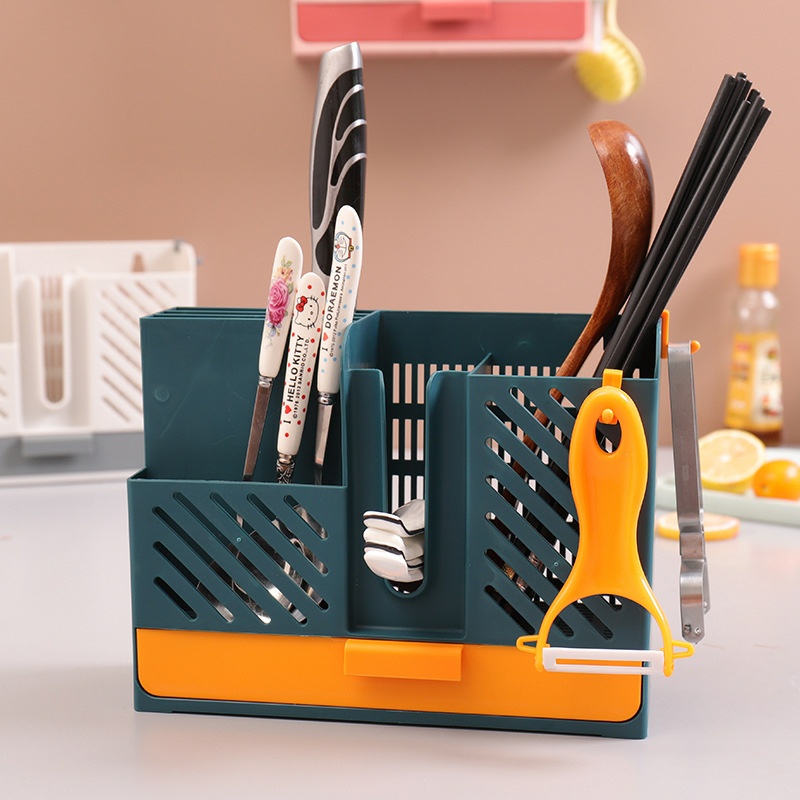 Ống đựng đũa thìa muỗng dán tường có khay hứng nước, Kệ để dao bằng nhựa cao cấp