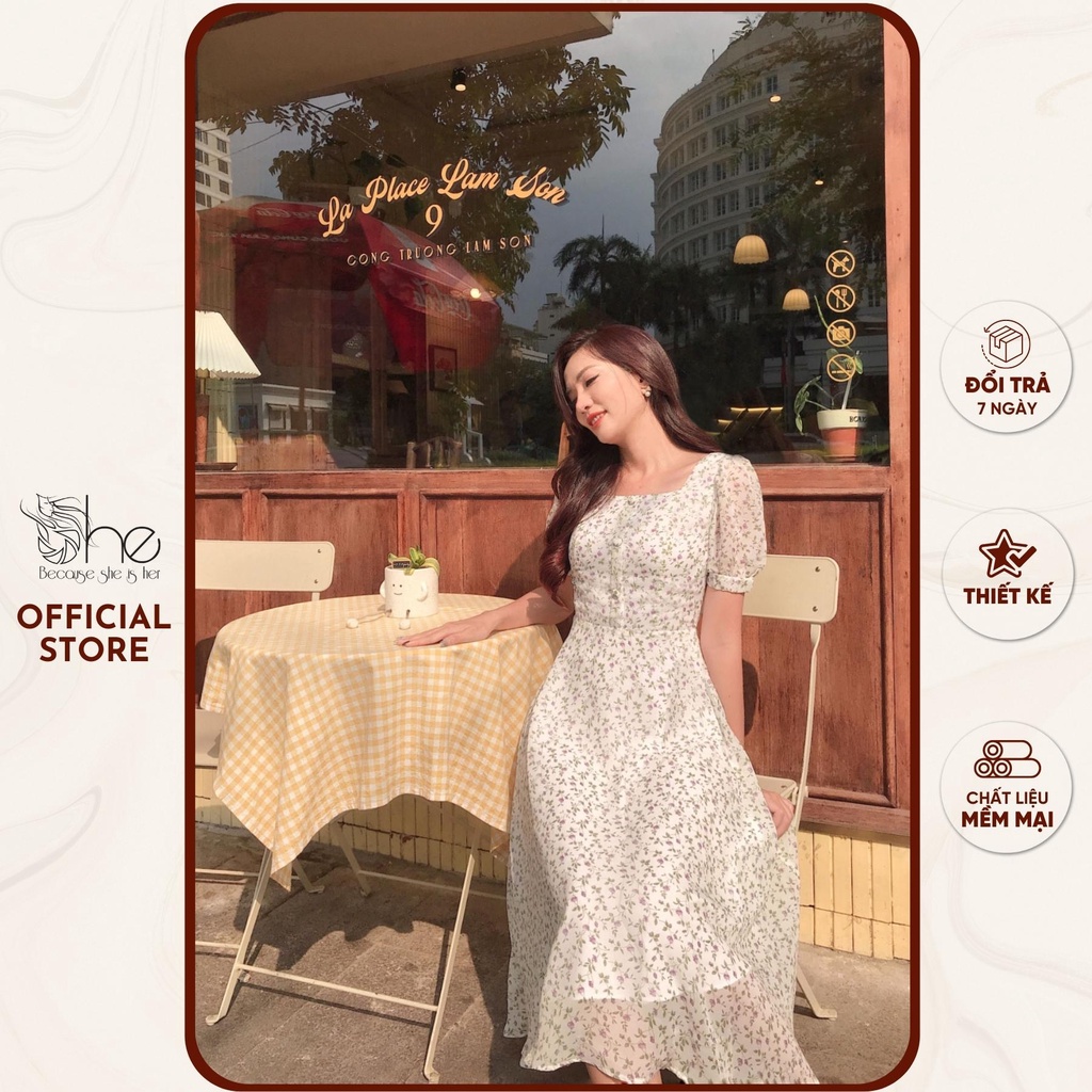 Đầm trắng cổ vuông đi làm, đi chơi She, đầm váy dáng xòe tay bồng 3 nút đi chơi SDX136