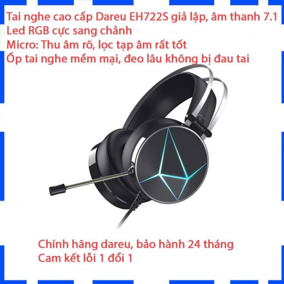 Tai nghe Gaming Dareu EH722S 7.1 - Led RGB - Âm thanh giả lập - Ốp tai nghe mềm - Mic lọc tạp âm - BH 12 Tháng