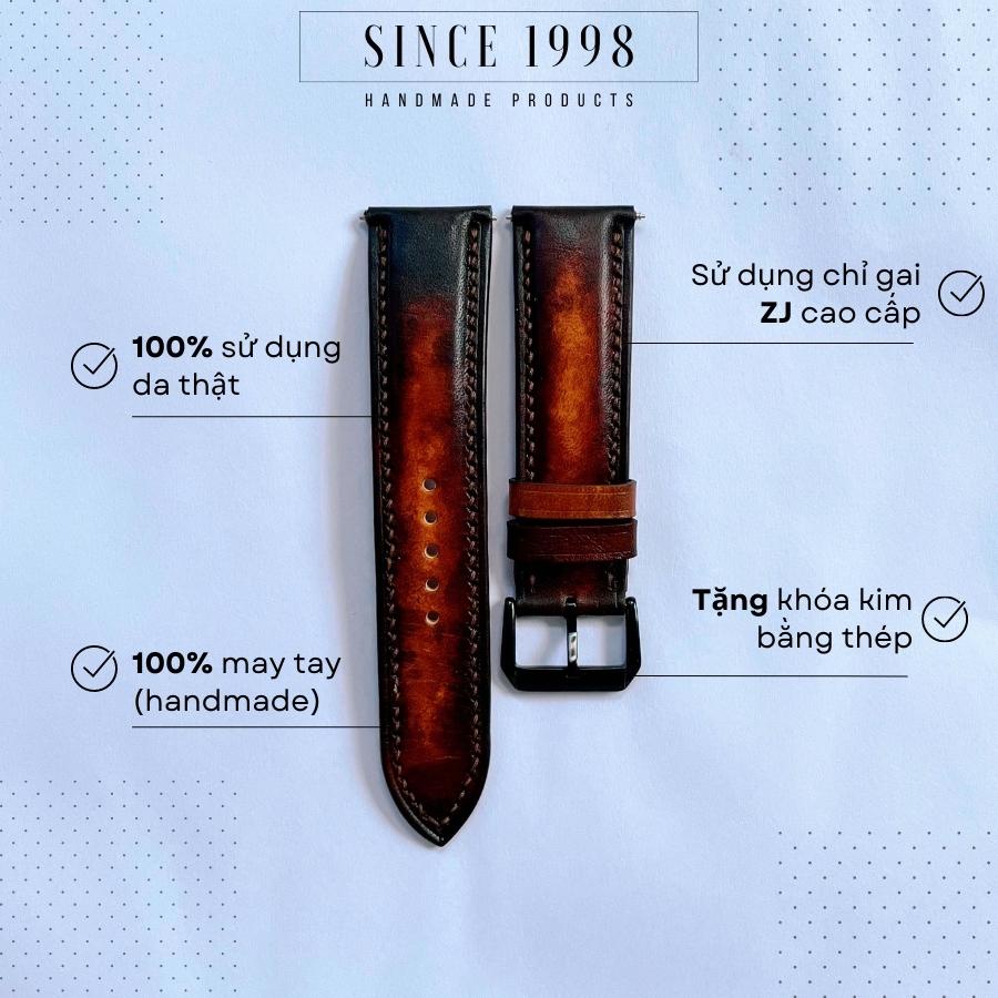 Dây Đồng Hồ Da Bò Nam 20mm 22mm, Da Thật, Handmade, Chống Nước, Chính Hãng, Phong Cách Patina, Bảo Hành 12 Tháng