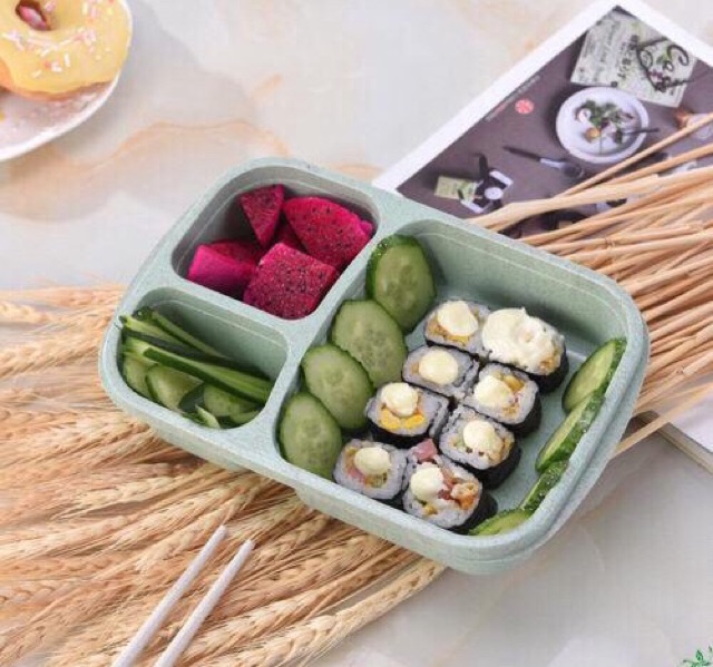 Hộp cơm bento ☘️freeship☘️khay nhựa lúa mạch 3 ngăn văn phòng