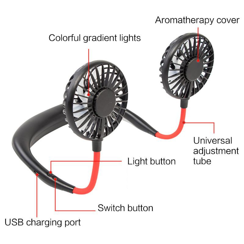 SEL❤2019 New Mini Portable LED Light USB Rechargeable Fan Neck Hanging Style Dual Cooling Lazy Fan