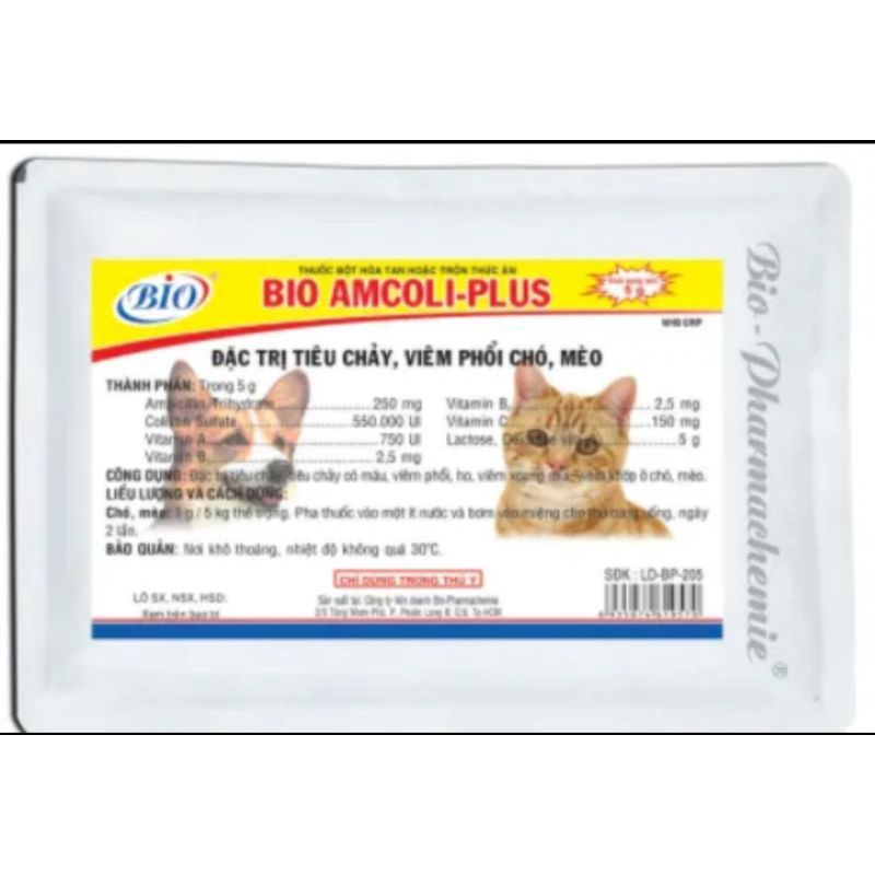 Bio-Amcoli plus hỗ trợ trị tiêu chảy, viêm phổi chó mèo 5gr