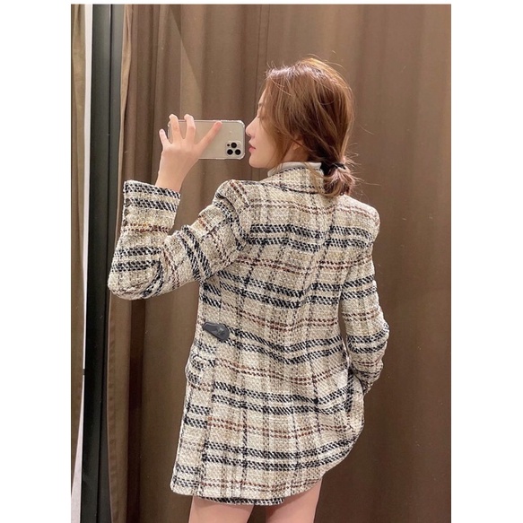 Set blazer + chân váy tweed kẻ ZR